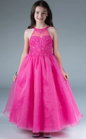 Organza Sequined-Top High-Neckline Floor-Length Flower Girl Dress