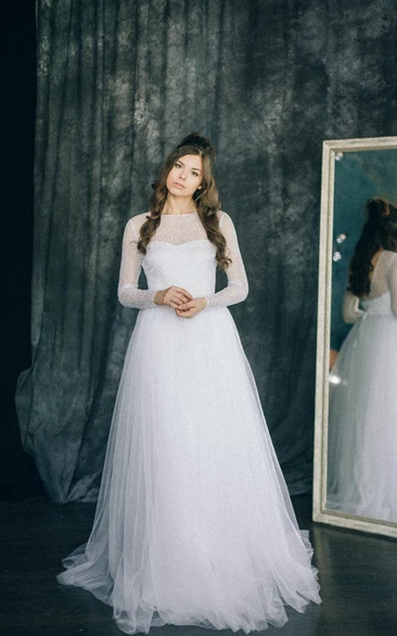 Lace Illusion Wedding Tulle Long-Sleeve Satin Dress