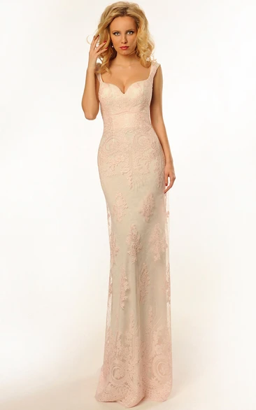 Sleeveless Sheath Lace Appliqued Backless Dress With Sweep Train