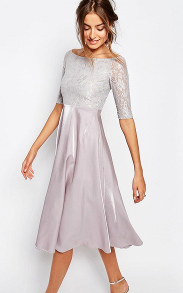 Bateau Half Sleeve Lace Applique Floor-length Dress Steel Grey