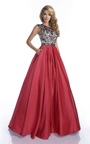 A-line Scoop Sleeveless Floor-length Satin Evening Dress with Illusion and Pockets