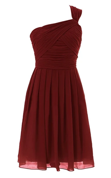 One-shoulder Chiffon Ruched short Bridesmaid Dress With Zipper