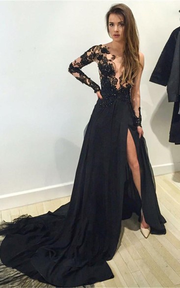 Sexy Black Lace Appliques Prom Dress Front Split Long Sleeve