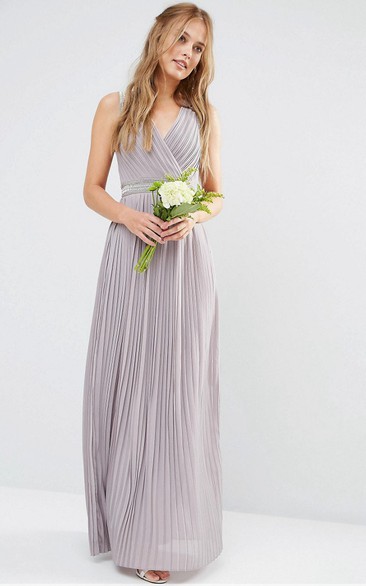 Ankle-Length V-Neck Ruched Chiffon Bridesmaid Dress With Beading