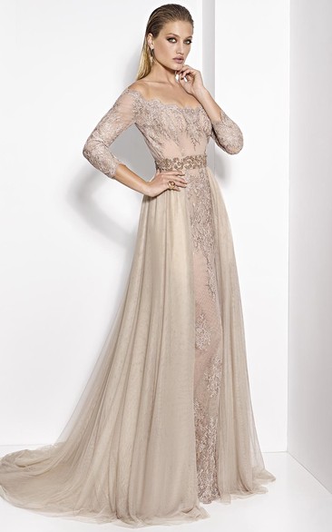 A-Line 3-4-Sleeve Appliqued Floor-Length Off-The-Shoulder Tulle&Lace Prom Dress With Waist Jewellery