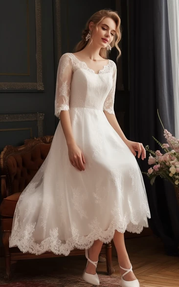 V-neck Lace Half-sleeve A-line Tea-length Casual Wedding Dress