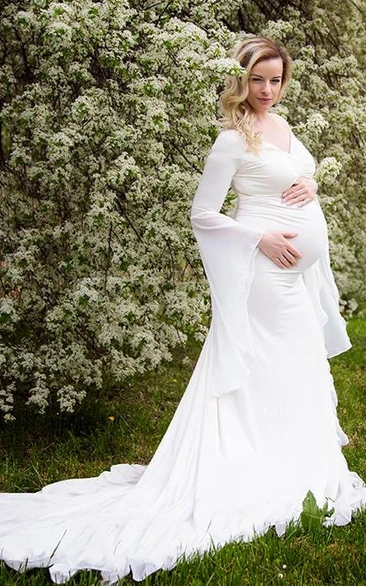 Country Off-the-shoulder Long Sleeve Pleated Ruched Ruffled Maternity Wedding Dress