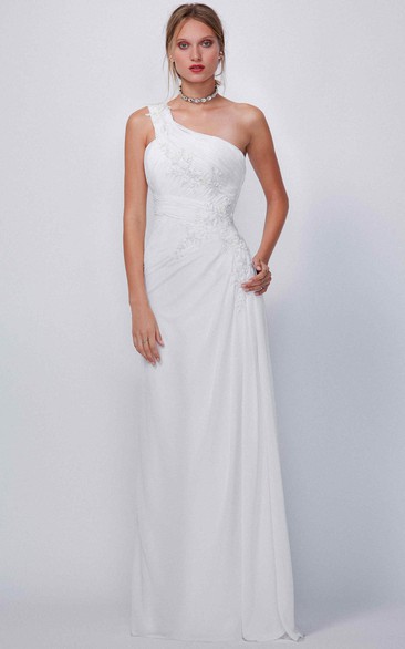 Sheath One-shoulder Sleeveless Floor-length Chiffon Bridesmaid Dress with Corset Back and Ruching