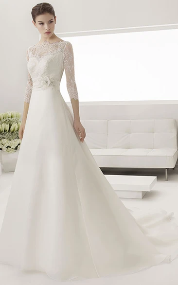 A-line Jewel 3/4 Length Sleeve Floor-length Chiffon Wedding Dress with Illusion and Appliques
