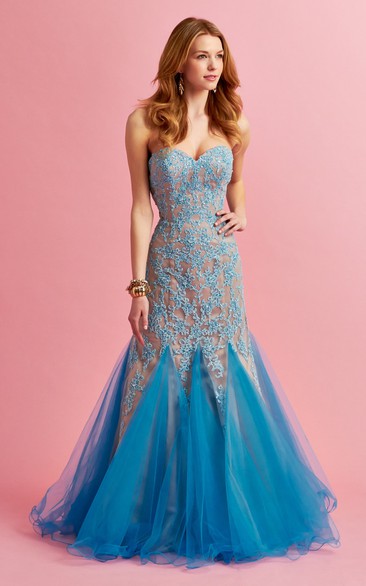 Sweetheart Mermaid Tulle Prom Dress With Appliques And Ruffles