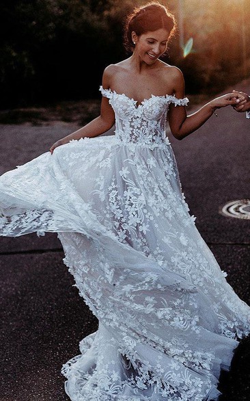 Off-the-shoulder Lace Applique Empire Pleated Corset Back Wedding Dress
