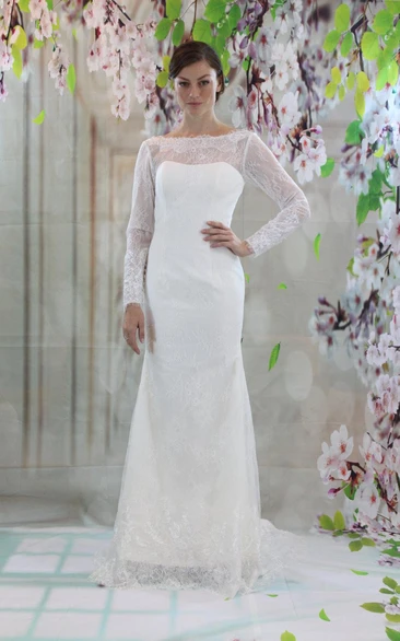 Lace V-Back Long-Sleeve Bateau-Neckline Wedding Dress