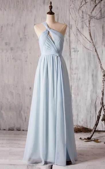 A-Line Front-Slit Floor-Length Pleated One-Shoulder Chiffon Gown
