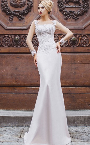 Long-Sleeve Rhinestone Floor-Length Fishtail Lace-Up Appliqued Gown