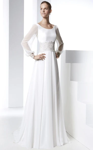 Sheath Scoop Long Sleeve Floor-length Chiffon Wedding Dress with Deep-V Back and Appliques