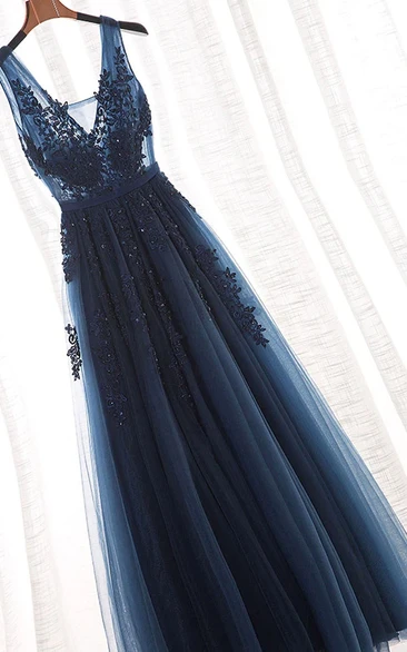V-neck Sleeveless Tulle Floor-length Pleated Applique Dark Navy Prom Dress