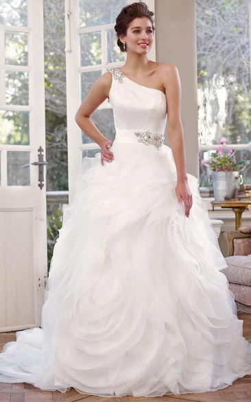 Ball Gown One-shoulder Sleeveless Floor-length Organza Wedding Dress with Corset Back and Waist Jewellery
