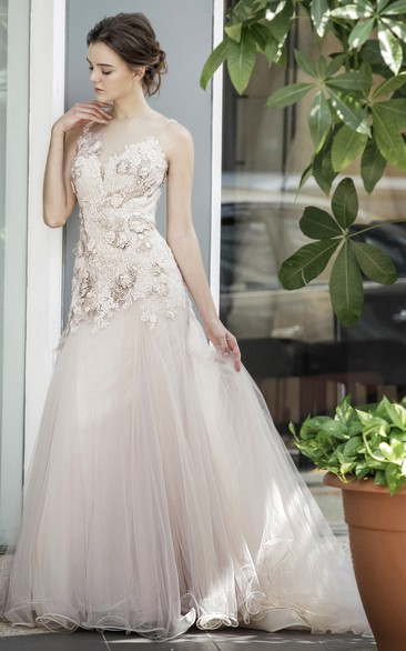 Simple Floor-length Sleeveless Tulle Sheath Evening Dress with Appliques