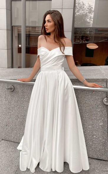 Elegant Simple Satin Off the Shoulder A line Wedding Dress With Corset Back