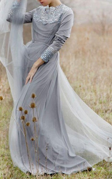 Jewel-Neck Long Sleeve Tulle Floor-length Dress With Beading