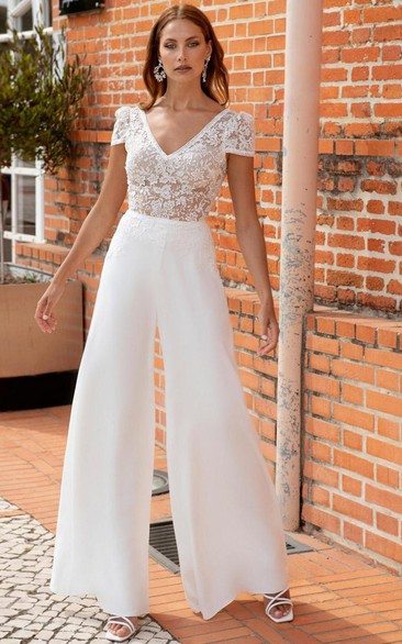Elegant Wide Leg Lace Illusion top Natural Waist Bridal Jumpsuit