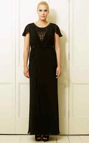 Sheath Scoop Short Sleeve Ankle-length Chiffon Mother Of The Bride Dress with Beading and Draping