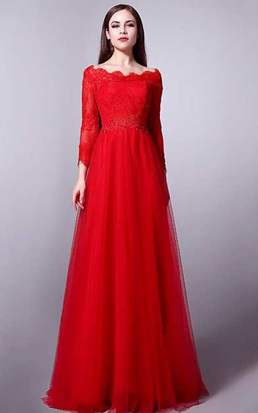 A-line Floor-length Scalloped T-shirt Long Sleeve Tulle Dress with Pleats