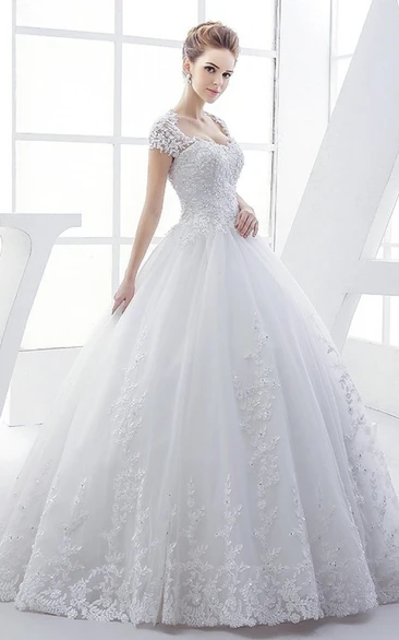 Elegant Lace Queen Anne Bridal Ballgown With Corset And Keyhole Back