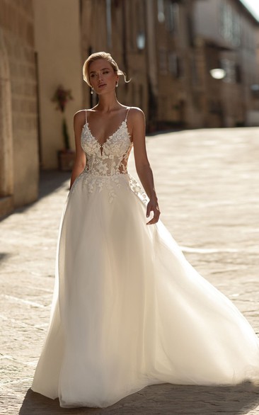 Spaghetti Lace Sheath Elegant Illusion Low-v Back Wedding Dress