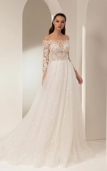 Lace Off-the-shoulder Ball Gown Tulle Wedding Dress with Beaded Skirt