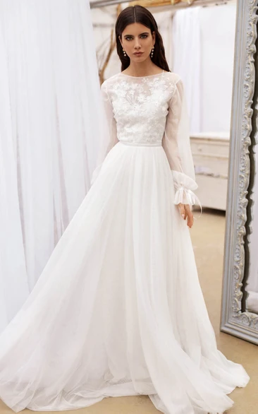 Bateau-neck A-line Tulle Illusion Long Sleeve Low-v Back Wedding Dress with Beadings