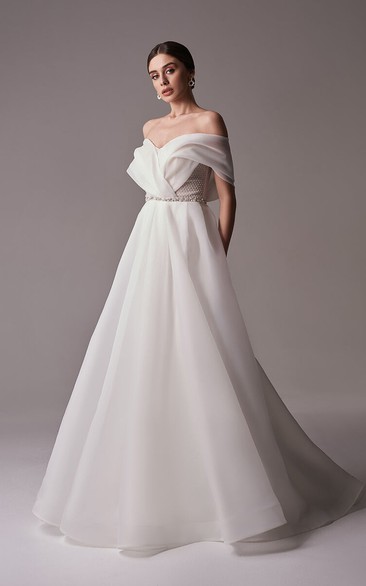 Off-the-shoulder A-line Ball Gown Chiffon Beadings Wedding Dress