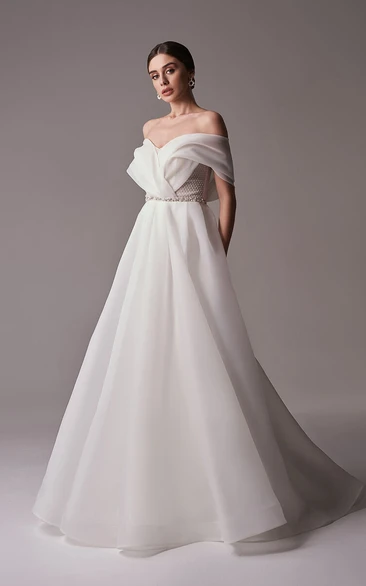 Off-the-shoulder A-line Ball Gown Chiffon Beadings Wedding Dress