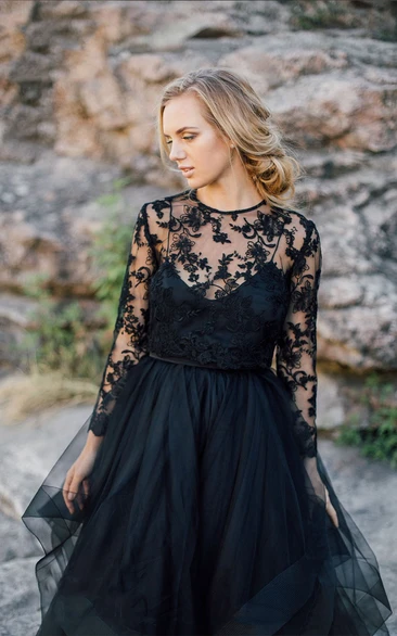 Floor-length Scoop Black Wedding Dress A-Line Long Sleeve Button Illusion Back With Appliques Pleats
