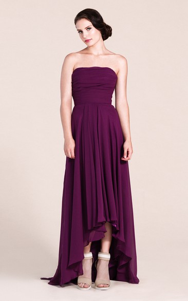 High-Low Ruched Floor-Length A-Line Strapless Long Dress