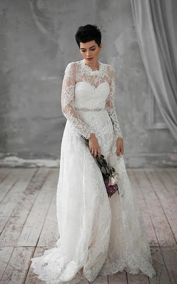 Lace High Neck Long Sleeve A-line Wedding Dress With Jeweled Waist
