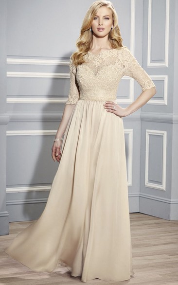 Bateau Half Sleeve Lace Jersey Mother of the Bride Dress With Illusion