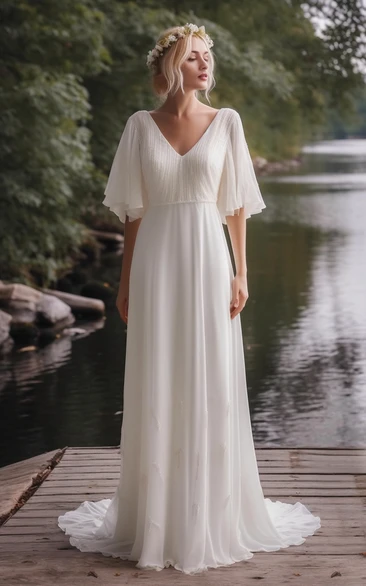 V-neck Poet Sleeve Chiffon Empire Godness Wedding Dress