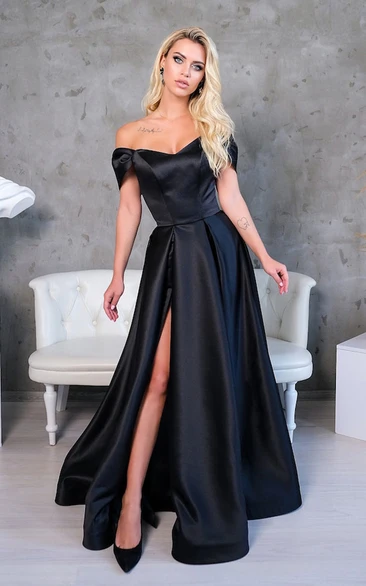 Black A Line Off-the-Shoulder Satin Wedding Dress with Corset Back and Removable Skirt