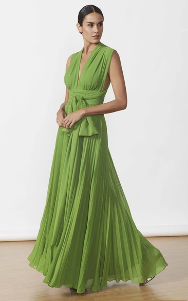 Vintage Chiffon A Line Evening Dress with Sash and Pleats