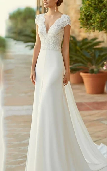 Lace Cap Plunged Sheath Chiffon Elegant Outdoor Summer Wedding Dress
