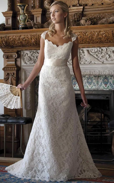 Lace Cap-sleeve Floor-length Wedding Dress With Appliques