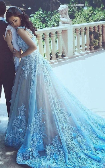 Blue Sleeveless A-line Ball Gown Applique Sweep Train Wedding Dress