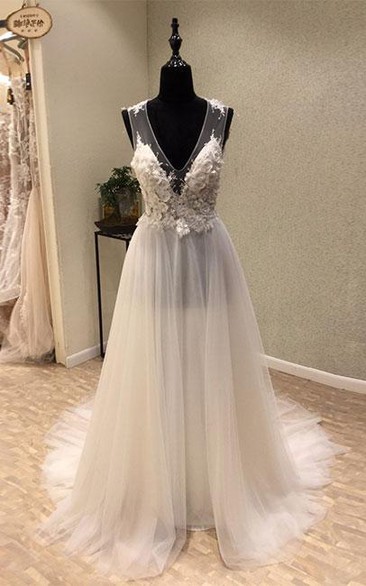 Stunning V-neck Sleeveless Brush Train Wedding Dress with Appliques
