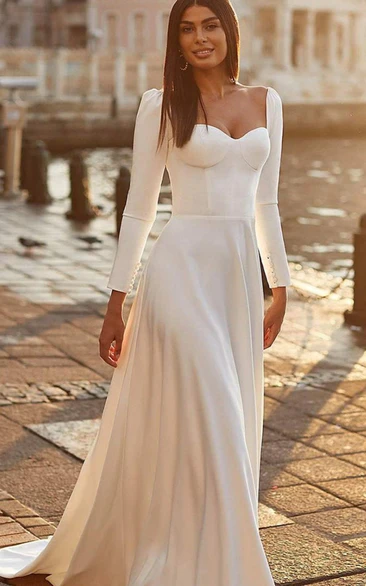 Modern Long Sleeve Sweetheart Sheath Simple Solid Minimal Wedding Dress