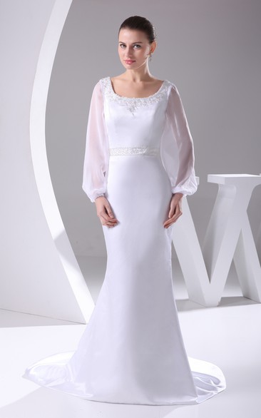 Satin Long-Sleeve Design Court Train Jeweled Bateau-Neckline Dress