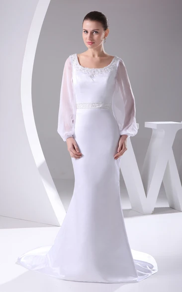 Satin Long-Sleeve Design Court Train Jeweled Bateau-Neckline Dress