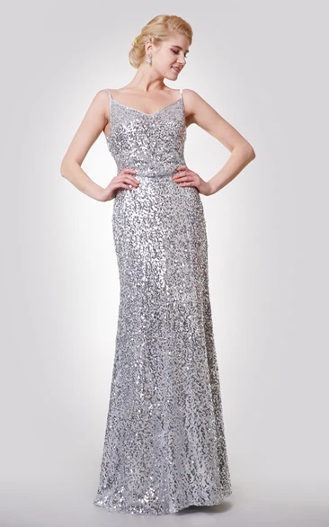 A-Line Draped Back Spaghetti-Strap Sassy Sequined Gown