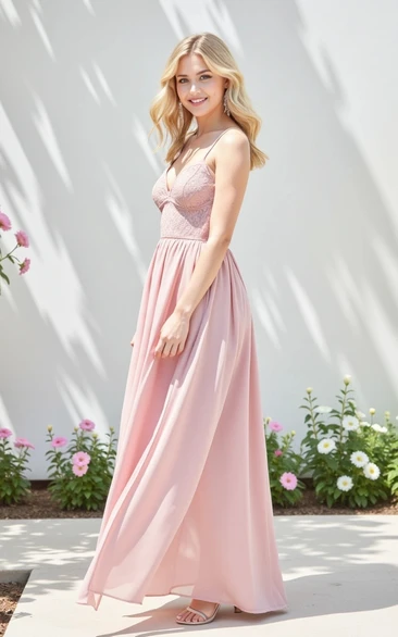 Pink Spaghetti Flowy Floor-length Dress with Lace Top