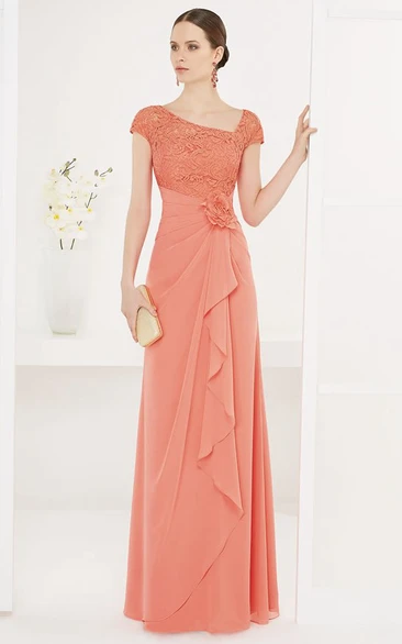 Sheath V-neck Cap-Sleeved Floor-length Chiffon Wedding Guest Dress with Draping and Flower